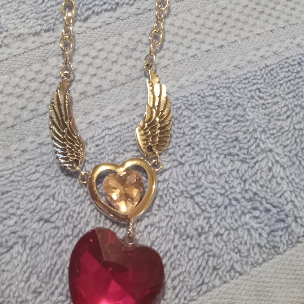 Silever and Red Heart Wing Necklace